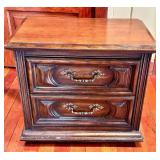 Dark Wood Nightstand - 2 Drawers & Ornate Brass Handles