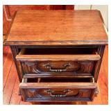 Dark Wood Nightstand - 2 Drawers & Ornate Brass Handles