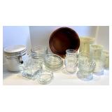 Glassware Set with White Ceramic Jar & Clear Glass Bowls, Cups & Wooden Bowl