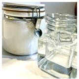 Glassware Set with White Ceramic Jar & Clear Glass Bowls, Cups & Wooden Bowl