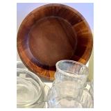 Glassware Set with White Ceramic Jar & Clear Glass Bowls, Cups & Wooden Bowl