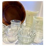 Glassware Set with White Ceramic Jar & Clear Glass Bowls, Cups & Wooden Bowl