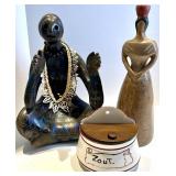 Ceramica Hand Painted Salt Box Made in Italy, Seated Mosaic Figurine & Tall Figurine