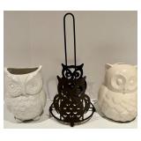 Creatology Owl Paper Towel Stand & 2 White Ceramic Owls - Planter and Piggy Bank