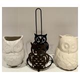 Creatology Owl Paper Towel Stand & 2 White Ceramic Owls - Planter and Piggy Bank
