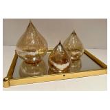 Lighted Teardrop Led Glass Orbs on Brass & Mirror Tray
