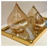 Lighted Teardrop Led Glass Orbs on Brass & Mirror Tray