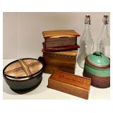 Vintage Wooden Box Set with Lidded Boxes, Glass Bottles & Ceramic Canister