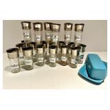Spice Jar Set with Labeled Glass Jars & Silver Caps & Turquoise Butter Dish