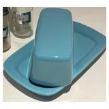 Spice Jar Set with Labeled Glass Jars & Silver Caps & Turquoise Butter Dish