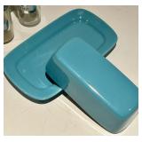 Spice Jar Set with Labeled Glass Jars & Silver Caps & Turquoise Butter Dish