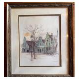 Framed Watercolor City Scene - Turquoise Dutch-Style Houses, 12 by 14