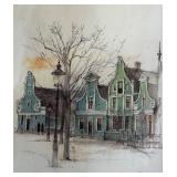 Framed Watercolor City Scene - Turquoise Dutch-Style Houses, 12 by 14