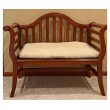 Wooden Bench with Floral Carved End Caps & Cushioned Seat