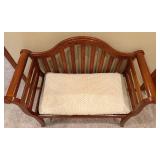 Wooden Bench with Floral Carved End Caps & Cushioned Seat