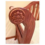 Wooden Bench with Floral Carved End Caps & Cushioned Seat