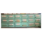 Vintage Turquoise Tool Cabinet with Labeled Drawers