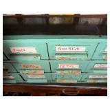 Vintage Turquoise Tool Cabinet with Labeled Drawers