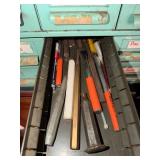 Vintage Turquoise Tool Cabinet with Labeled Drawers