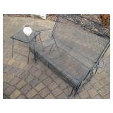 Wrought Iron Outdoor Patio Bench & Side Table Set - Black Mesh