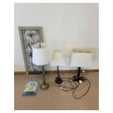 Ornate Floor Lamp & 2 Table Lamps With White Shades - Vintage Lighting Set