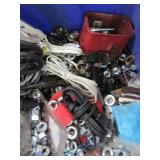 Hardware Assortment in Blue Bin - Nuts, Bolts, Washers, Cords & Rope