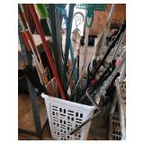 Assorted Garden Tools in Basket - Rakes, Brooms, Mops & Umbrella Poles