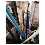 Assorted Garden Tools in Basket - Rakes, Brooms, Mops & Umbrella Poles