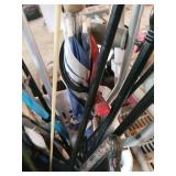 Assorted Garden Tools in Basket - Rakes, Brooms, Mops & Umbrella Poles