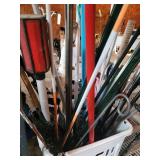 Assorted Garden Tools in Basket - Rakes, Brooms, Mops & Umbrella Poles