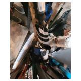 Assorted Garden Tools in Basket - Rakes, Brooms, Mops & Umbrella Poles