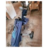 BagBoy Pro X7 Tour Collection Push Cart with Blue Cart Bag and Irons