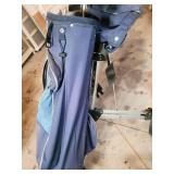BagBoy Pro X7 Tour Collection Push Cart with Blue Cart Bag and Irons