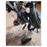 BagBoy Pro X7 Tour Collection Push Cart with Blue Cart Bag and Irons