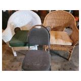 Chairs - Grey Metal-Frame Chair, White Wicker Armchair, Brown Wicker Loveseat (Lot of 3)