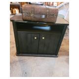 Vintage Black Wood Console Cabinet With 2 Doors And Leather-Trim Travel Trunk