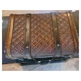 Vintage Black Wood Console Cabinet With 2 Doors And Leather-Trim Travel Trunk