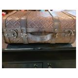 Vintage Black Wood Console Cabinet With 2 Doors And Leather-Trim Travel Trunk