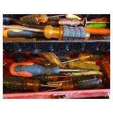 Red Portable Toolbox with Assorted Screwdrivers and Hand Tools