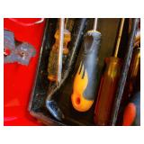 Red Portable Toolbox with Assorted Screwdrivers and Hand Tools