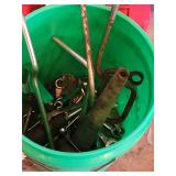 Green Bucket with Assorted Hand Tools - Wrenches, Pliers, Hex Keys