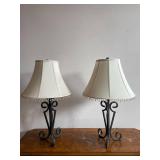 Pair of Wrought Iron Table Lamps with Cream Beaded Fringe Shades