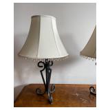 Pair of Wrought Iron Table Lamps with Cream Beaded Fringe Shades
