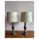 Pair of Ornate Cast Metal Table Lamps With Fabric Shades