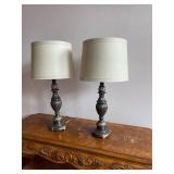 Pair of Ornate Cast Metal Table Lamps With Fabric Shades