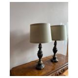 Pair of Ornate Cast Metal Table Lamps With Fabric Shades
