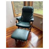 Green Leather Recliner Chair with Ottoman - Wood Armrests, Glider Base