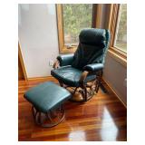 Green Leather Recliner Chair with Ottoman - Wood Armrests, Glider Base