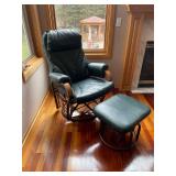 Green Leather Recliner Chair with Ottoman - Wood Armrests, Glider Base