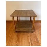 Oak Wood End Table - 19-Inch Square Top, Two Shelves, Turned Spindle Legs